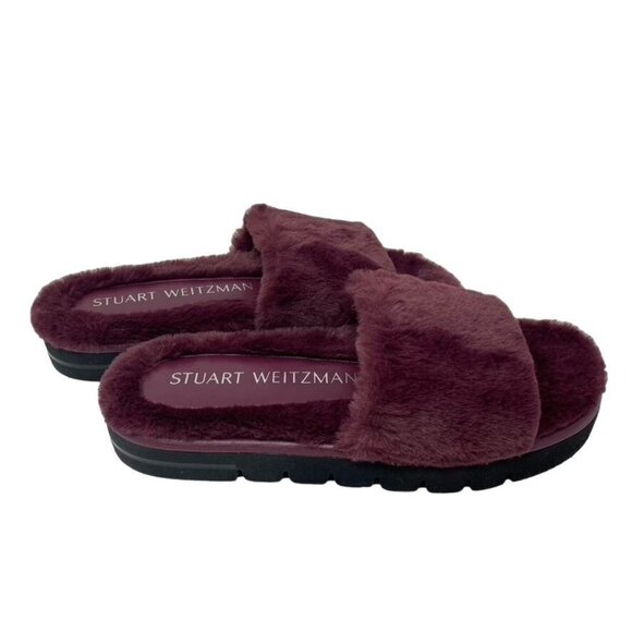 STUART WEITZMAN Sz 7 Elodie Chill Faux Fur Slide Sandal Cranberry - Picture 6 of 11